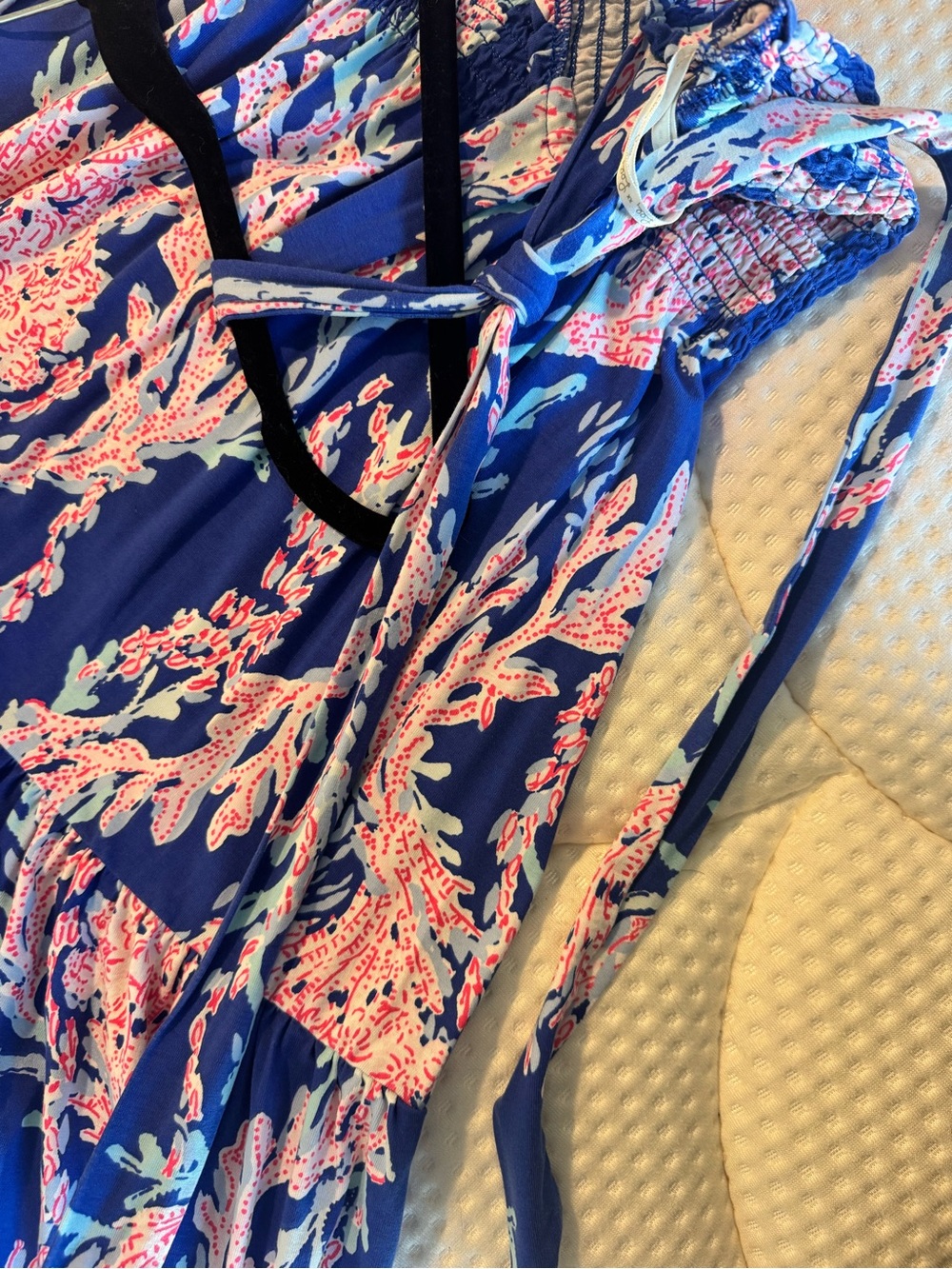 Navy Blue Dress with Pink Coral Print - Sleeveless Tiered Sundress - Picture 4 of 7